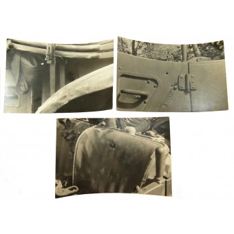 Närbilder av delar av tyska Mercedes Kübelvagen som skadats av stridskrafter. Espenlaub militaria